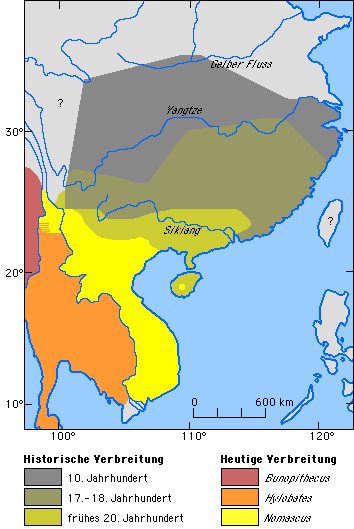 Historische Verbreitung der Gibbons in China und angrenzenden Regionen